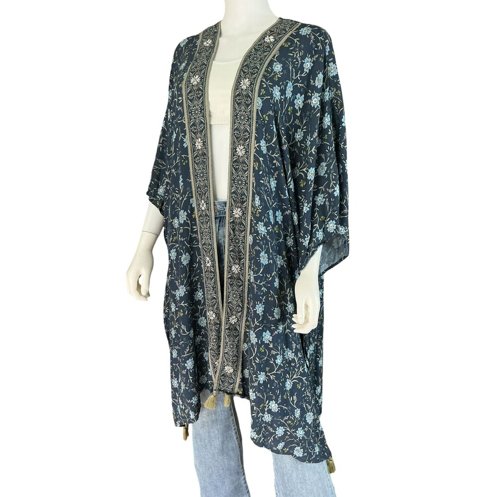 NWT J. Jill‎ Beaded Kimono Duster Top One Size XL-3X Blue Floral Tasseled BOHO